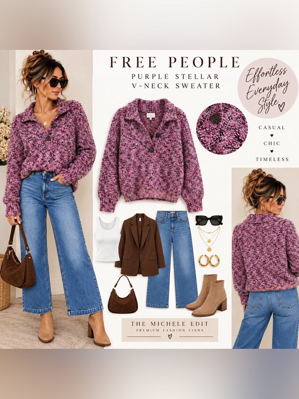 Free People Purple Stellar V-Neck Sweater size Medium‎